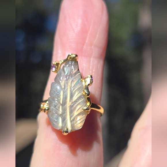 Celestial Kharma Collection by Avelon Jewelry - Labradorite Leaf 14k Amethyst Sterling & Gold Ring Sz7